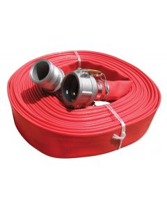 Red layflat hose with camlock fittings